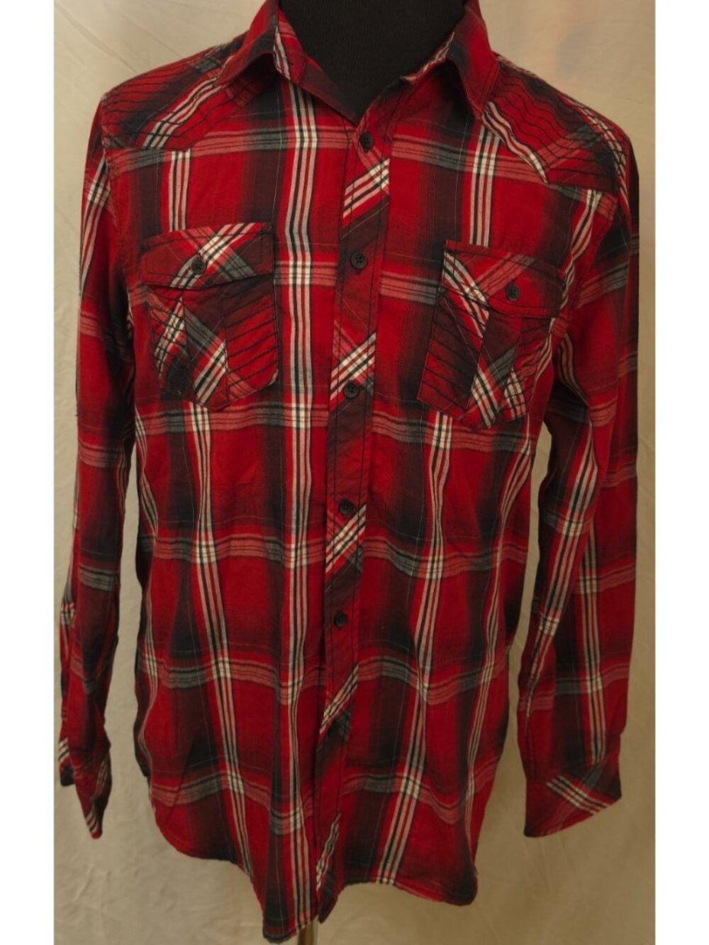 RUSTIC BLUE Red Plaid Classic Fit Roll Tab Long Sleeve Button Up Shirt Men’s L